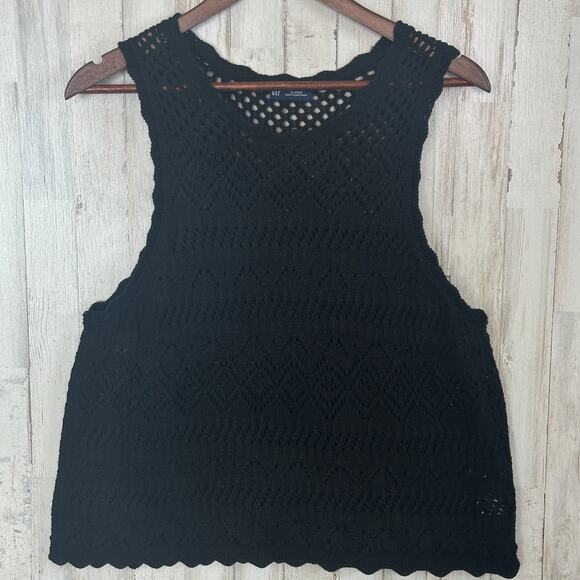 Gap 100 Cotton Crochet Tank Top XL Black Cropped Boho Festival Cottagecore EUC - Picture 1 of 8